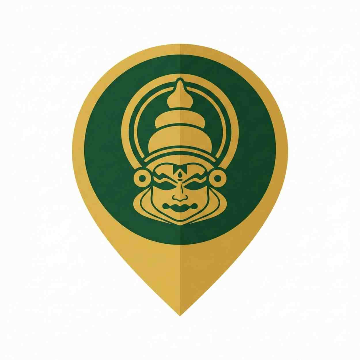 Gold and green Kathakali map pin icon representing OptiVir Ads' localized digital marketing for Kerala startups