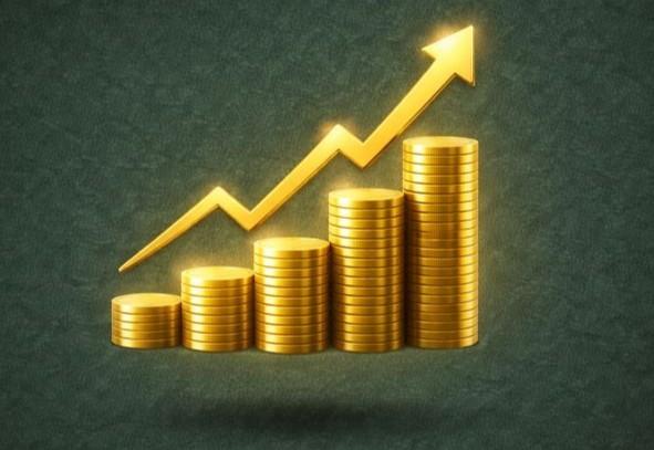 3D gold rising arrow graph and coins icon representing high-ROI scaling through Meta and Google Ads.